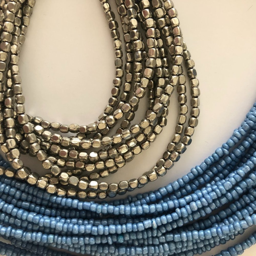 Long Blue and Silver Beaded Necklace